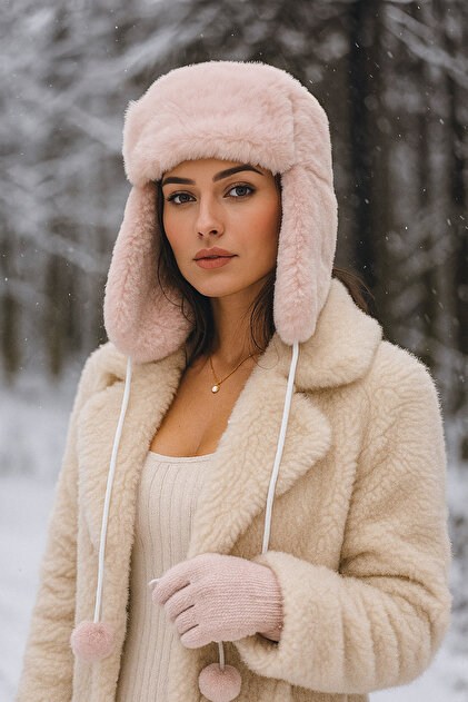 Women's Hat with Headphones and Fur Pom-Pom (Pink)