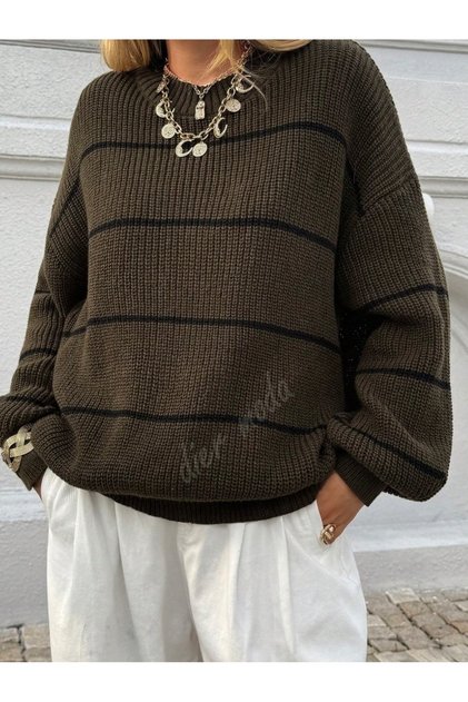 Women's Thin Striped Crew Neck over Size Knitwear Sweater, Knitwear Sweater Fmoda1200