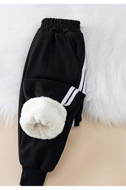 Unisex Sweatpants with Plush Details Inside and White Stripes.