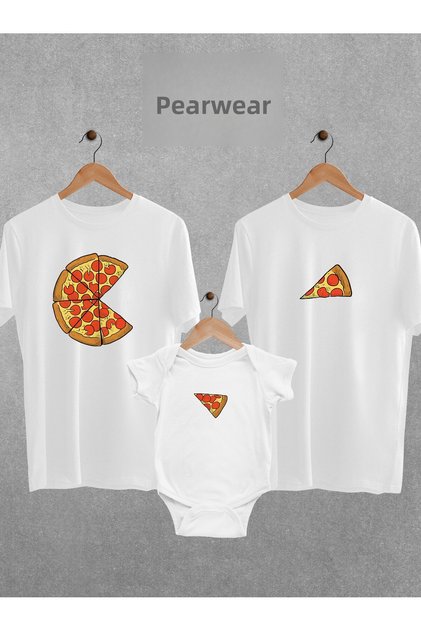 Pizza Printed Set of 3 Mother Father Baby Bodysuit Oversize T-Shirt Body