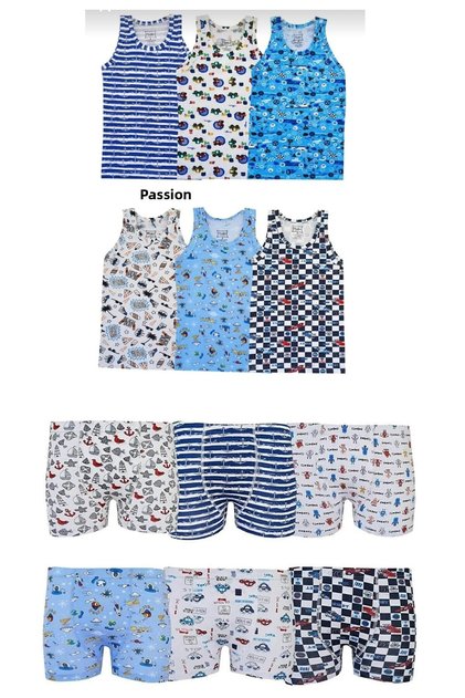 Boys' Set 6 Pieces Patterned Undershirt and 6 Pieces Patterned Printed Boxers