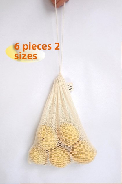 Cotton Mesh Shopping Bag - Vegetable and Fruit Storage Pouch - Pack of 6 | Soft