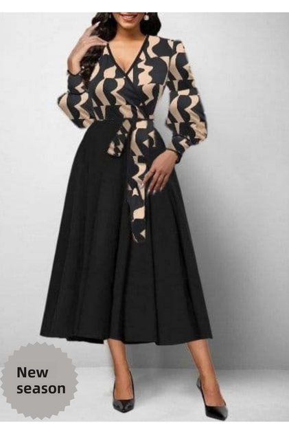 Women's Long-Sleeve Double-Breasted Neck Scuba Crepe Midi-Length Dress
