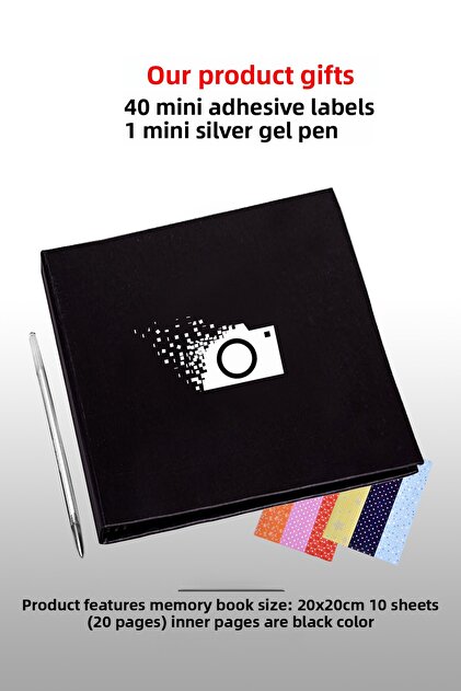 Memory Book Photo Album 20x20 Cm Black Inside - Mini Gel Pen and Sticker Gift