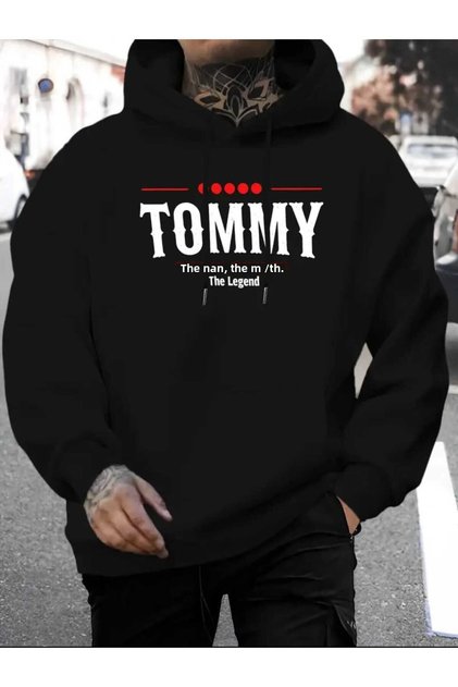 Hanorac cu buzunar, imprimeu Tommy the Legend, căptușeală din lână, glugă, negru