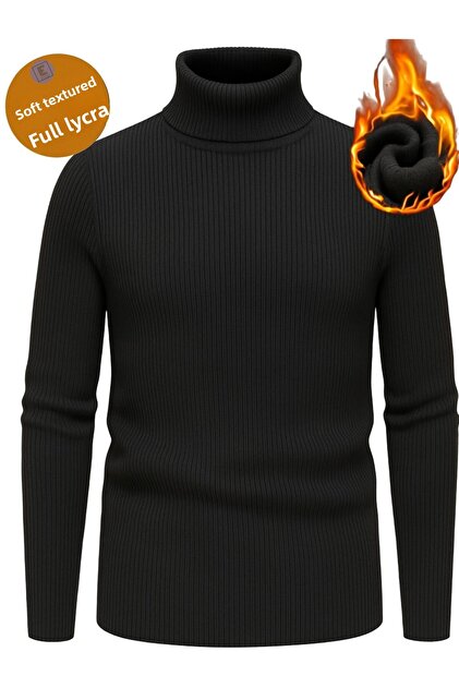 Men's Black Full Turtleneck Knit Sweater