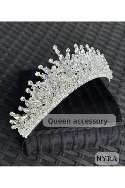 Nyra Diamond White Crystal Stone Luxury Design Engagement Bridal Tiara Metal Crown High-Topped Authentic Motif