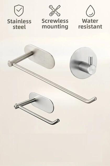 Set of 3 (Stainless Steel Adhesive Towel Rack, Toilet Paper Holder and Single Hanger) Adhesive