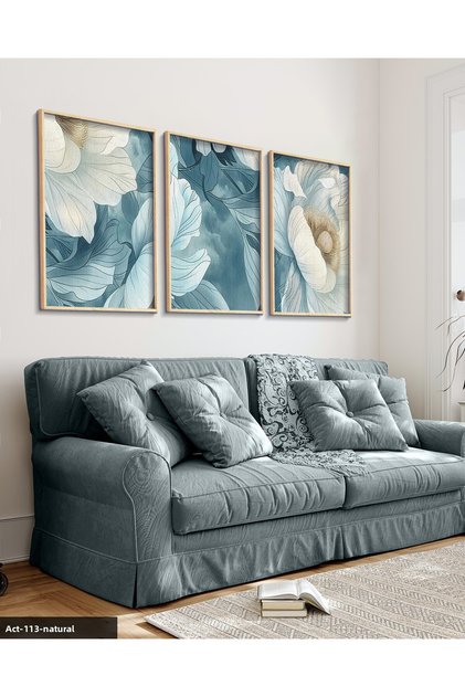 White Flower on Blue Background 3 Piece Wooden Framed Painting Act