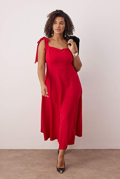 Trendyol Curve Red A-Line Suspender Tie Detail Midi Woven Evening Dress Night Graduation Dress Tbbss25Ah00225- Trendyol Trendyol Curve Red A-Line Suspender Tie Detail Midi Woven Evening Dress Night Graduation Dress Tbbss25Ah00225- Trendyol