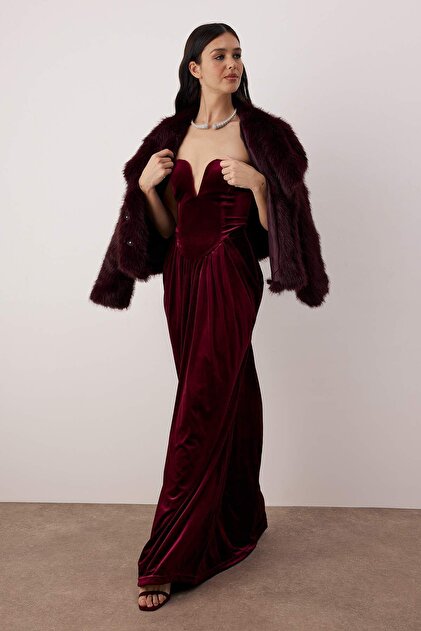 Trendyol Collection Burgundy Velvet Sweetheart Neckline Maxi Evening & Graduation  Dress Tpraw26Ae00006- Trendyol