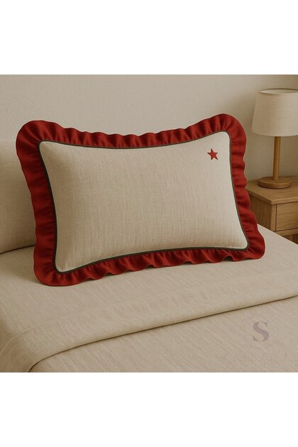 Star Embroidered Ruffled Buldan Linen Pillowcase (50X70) 1 Piece