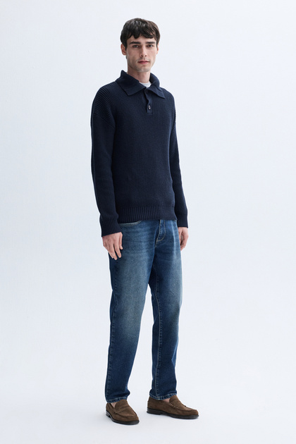 Men's Navy Blue Buttoned Polo Neck Sweater