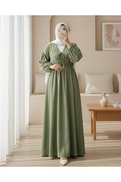 Modamorfo Muslin Dress with Tie Collar, Sleeves and Elastic Waist - Green-  Trendyol