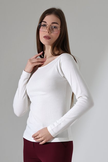 Owia Women's Ecru Soft Textured Boat Neck Long Sleeve Sweater & Blouse & Top