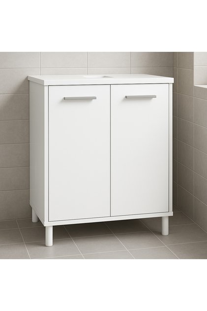 Şık Beyaz Banyo Alt Dolabı Ayaklı Lavabo Dolabı Raflı, Çift Kapaklı 62*45*40