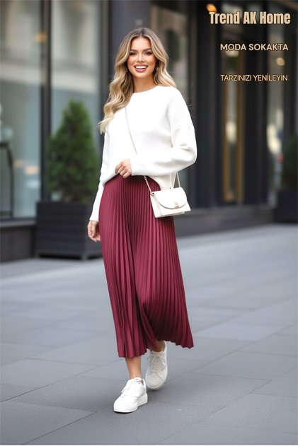 Pleated Skirt with Elastic Waist - Color Burgundy (Standard Size)