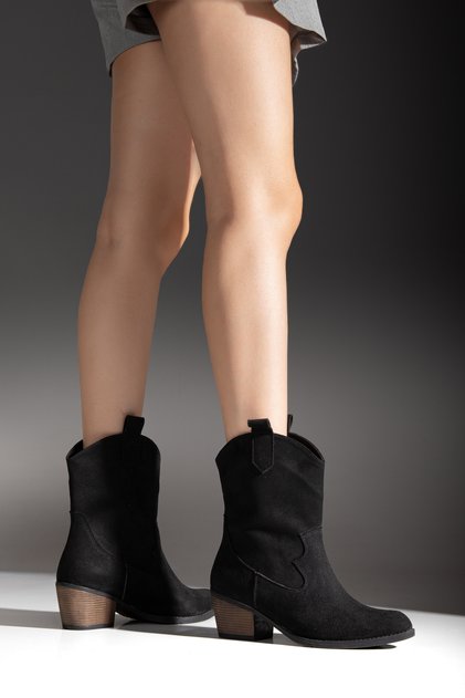 Genuine Suede Look Black Cowboy Boots Western Style Short Heeled Wear and Go Model Zipperless Boots