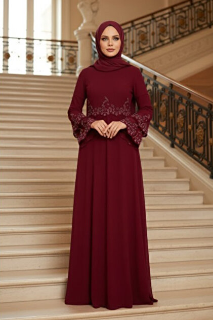 Neva Style Beaded Burgundy Hijab Evening Dress 9181Br- Trendyol