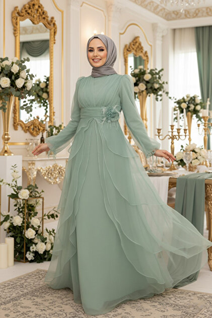 mint green modest dress Green Modest Lace Evening Dress main image 1
