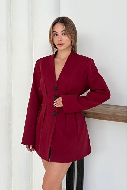 Women's New Season Deep V-Neck Long Sleeve Mini Blazer Jacket Dress with Pleat Detail Women's Dress