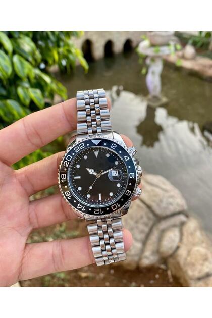 Takvimli Gümüş Çelik Kordon Siyah Kadranlı Erkek Kol Saat Rolex Model