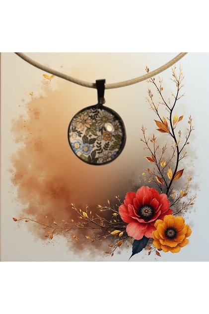 Colorful Flower Pattern Epoxy Cabochon Pendant, Waxed Adjustable Cord String