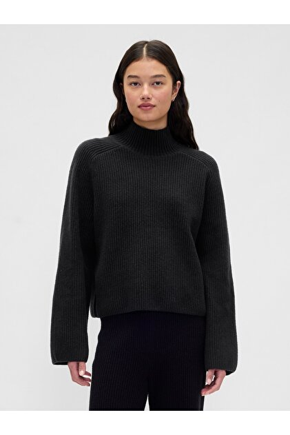 Kadın Siyah CashSoft Shaker Örgü Turtleneck Kazak