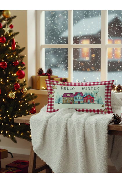 Christmas Themed Hello Winter Patterned Velvet Throw Pillow Case 35X55 cm - Decorative Pillow Case