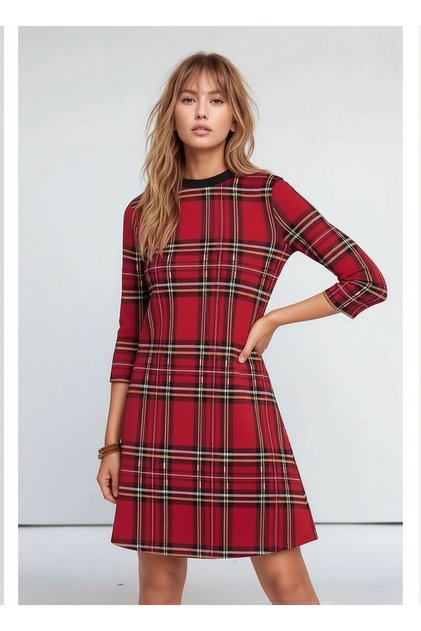 Women Plaid Pattern Crew Neck Bell Hem Three Quarter Sleeve Stylish Casual Sport Curve Dress