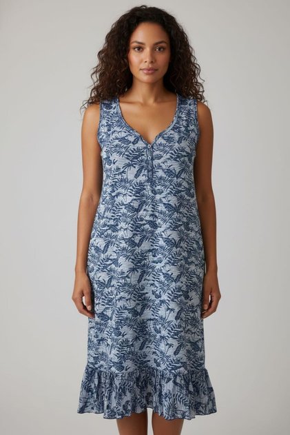 Relaxed Fit Blue Leaf Printed Frilled Hem Cotton V-Neck Sleeveless Midi Length Summer Dress