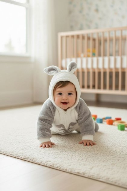 Winter Baby Romper with Rabbit Design, Welsoft Puff Fabric, Rabbit Embroidery, Snap Fasteners, 6-9 Months
