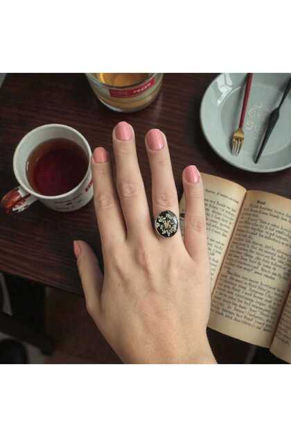 Real Flower Handmade Resin Ring – Black, Antique Silver Color, Adjustable, Gift Boxed