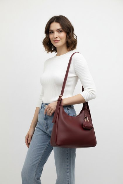 Women's Burgundy Large Size Leather Hand and Shoulder Bag with Adjustable Shoulder Strap