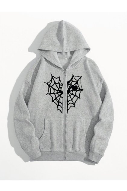 Heart Spider Web Printed Zippered Cardigan - Black Gray Oversized Hoodie with Pockets