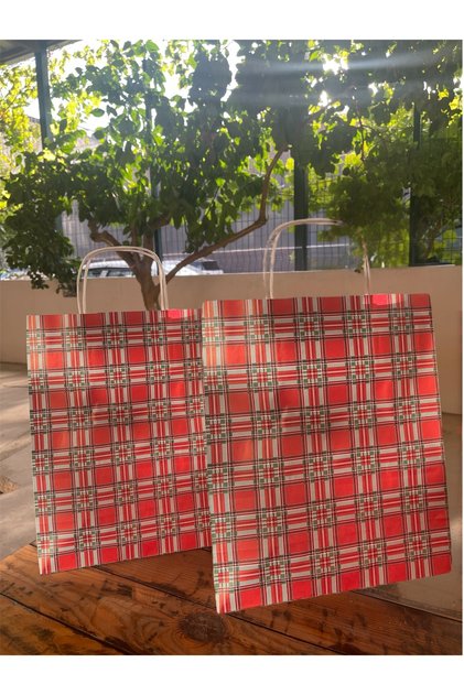 Special Production - Red Green Gift Paper Bag / 25X31 cm / Plaid Patterned / 6 Pieces