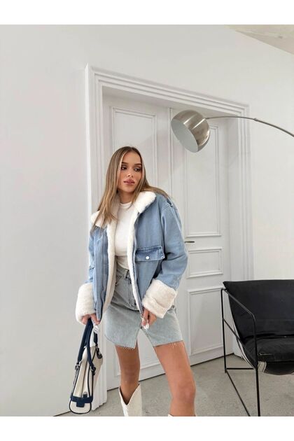 Jean Denim Coat with Complete White Fur Inside Blue
