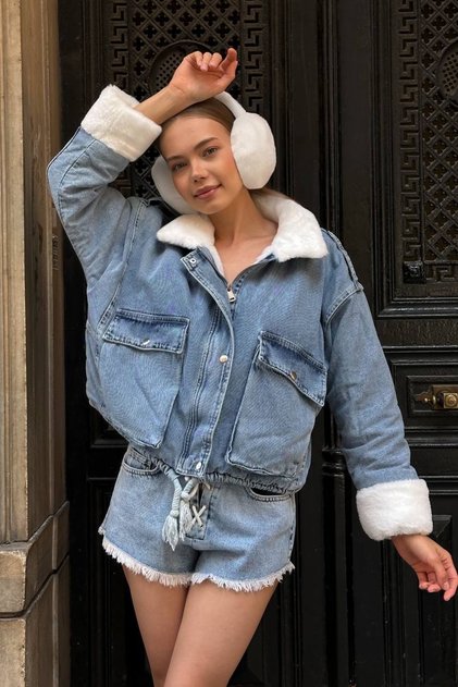 Winter Fur Lined Jean Jacket Blue Sherpa Denim Jacket Coat