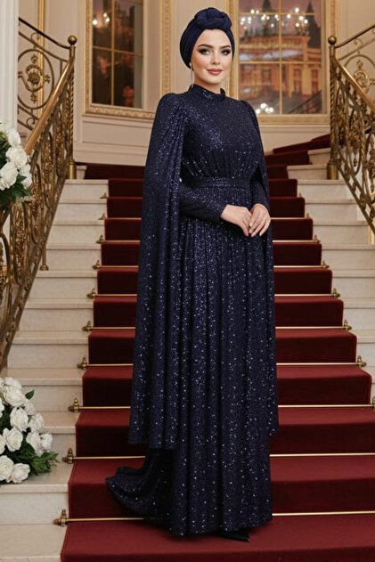 blue dress for baby girl Luxury Navy Blue Lace Cape Maxi Dress – Elegant Modest Chiffon Evening –  FineLook