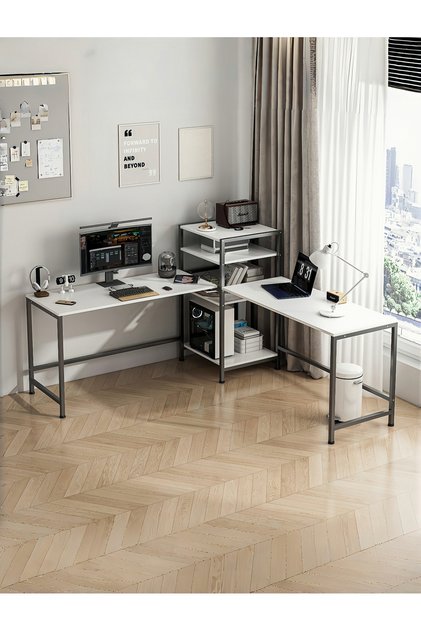 مكتب كمبيوتر لشخصين مع رف كتب، ومكتب مع حامل وحدة المعالجة المركزية ورفوف تخزين