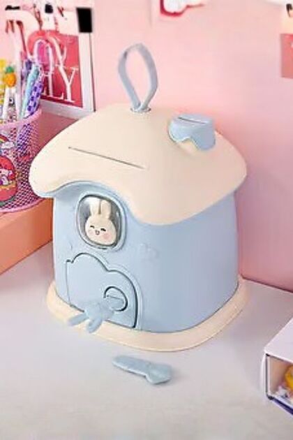 Decorative Cute Key House Chimney Money Box Blue