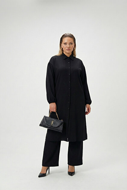 Bürümcük Fabric Shirt Collar Tunic Set Buttoned Along the Length Suitable for Hijab Plus Size