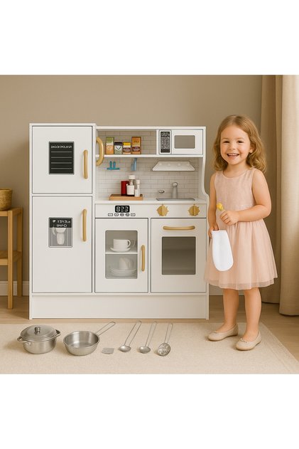 Bucătărie de joacă din lemn idealSTORE pentru copii, 80x80x24 cm, complet utilată