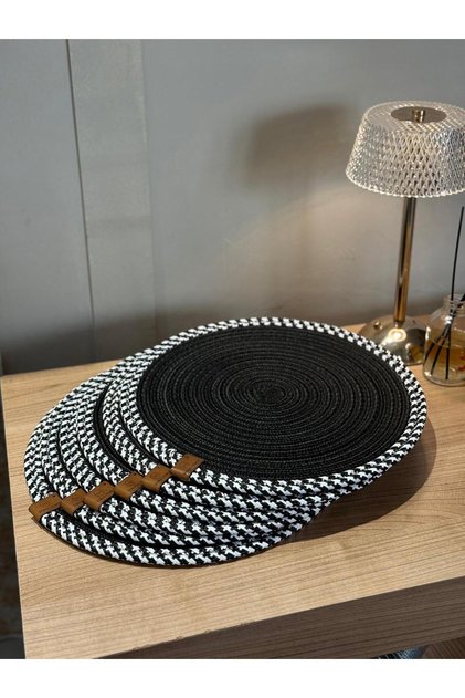 6-Piece Black-White Color Placemat Set American Service 32 cm Diameter Wicker Weave under Plate