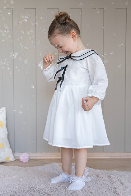 ALYRA Girl's Korean-Style Baby Collar Long Sleeve Lined Bow Detail Linen  Christmas Dress- Trendyol