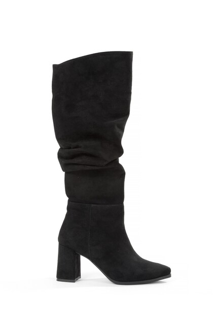 Black Suede Thick Heeled Crinkled Gusseted Women's Boots - Kc