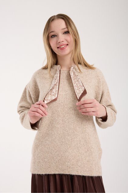 Scarf Detailed Stone Premium Oversized Women's Sweater