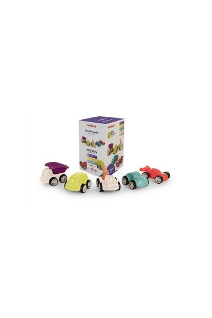 Set de 5 masinute colorate, 12 cm, din materiale ecologice, de la 18 luni