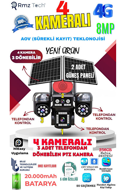 Avenir AV-S946 4 Kameralı (3 Motorlu+ 1 Sabit) 8MP E Sim 4G Sim