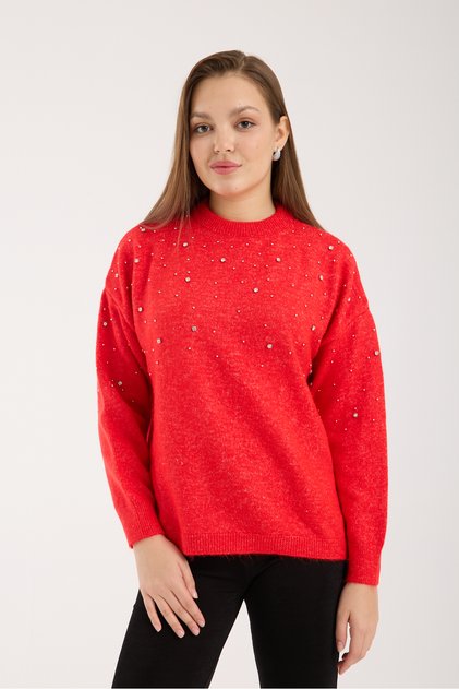 Women's Knit Sweater with Scattered Stone Detail